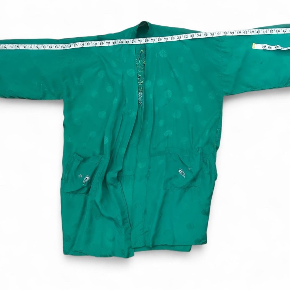 Golden Bee Green traditional vintage Chinese Kimono with Peacock Embroidery sz M - Picture 7 of 15